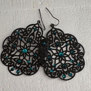 Elegant Black and Teal Filigree Earrings